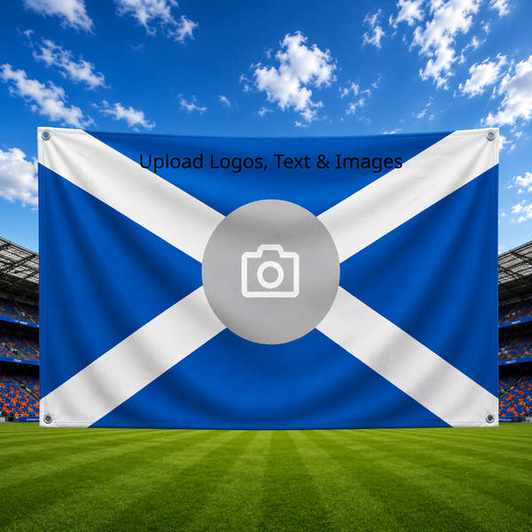 Custom football fan flag with Scotland flag design, upload logos or text, displayed in stadium