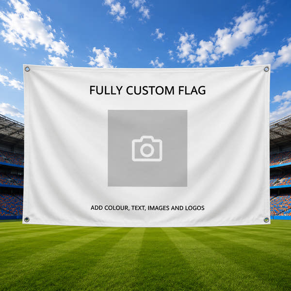 Fully custom football fan flag with space for your logo, text, or images, displayed on stadium pitch