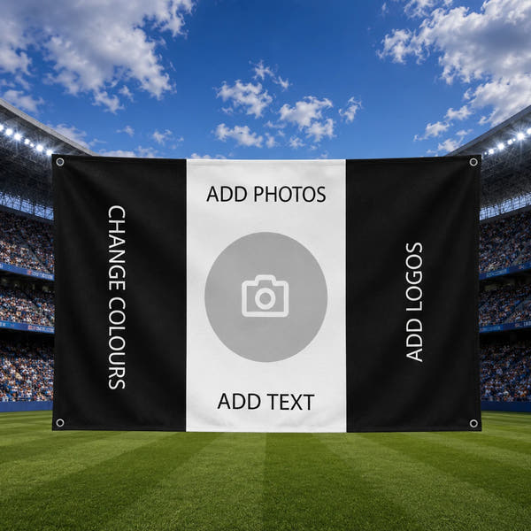 Custom football fan flag with photo, logo & text options, displayed in stadium under blue sky