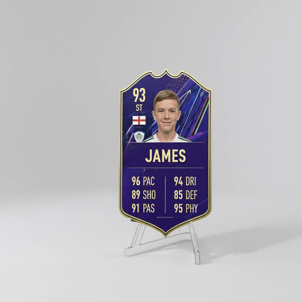 Personalised football player card on a display stand
