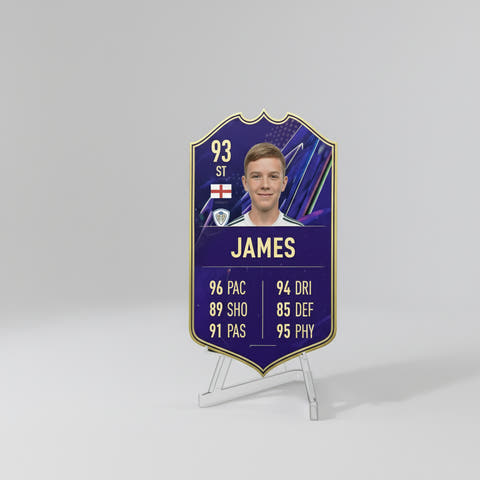 Custom football fan flag featuring player James with stats, UK-printed, premium quality