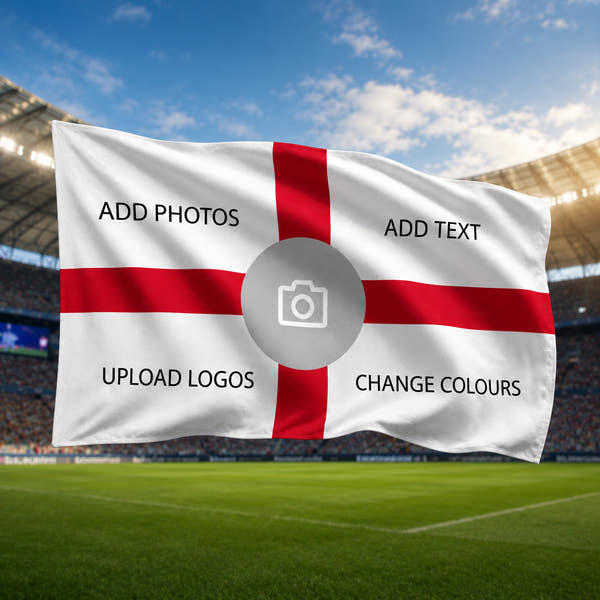 Customizable England football fan flag with add photos, text, logos & color options, waving in stadium