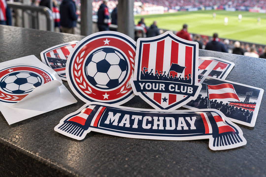 Custom football supporter vinyl stickers in red, white and navy — illustrative mock-up