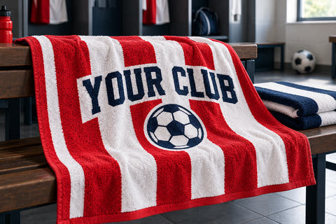 Personalised football supporter towel on a changing-room bench — illustrative mock-up