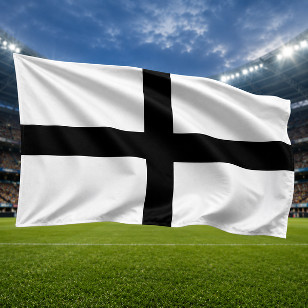 Black and white football fan flag with cross design waving on stadium pitch