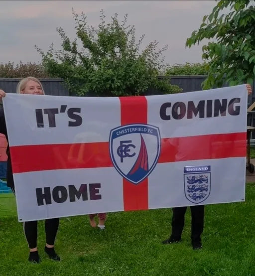 Finished St George flag with Chesterfield FC crest and It’s Coming Home lettering
