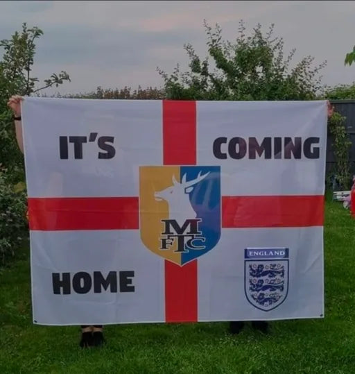 Finished St George flag with Mansfield Town crest and It’s Coming Home lettering